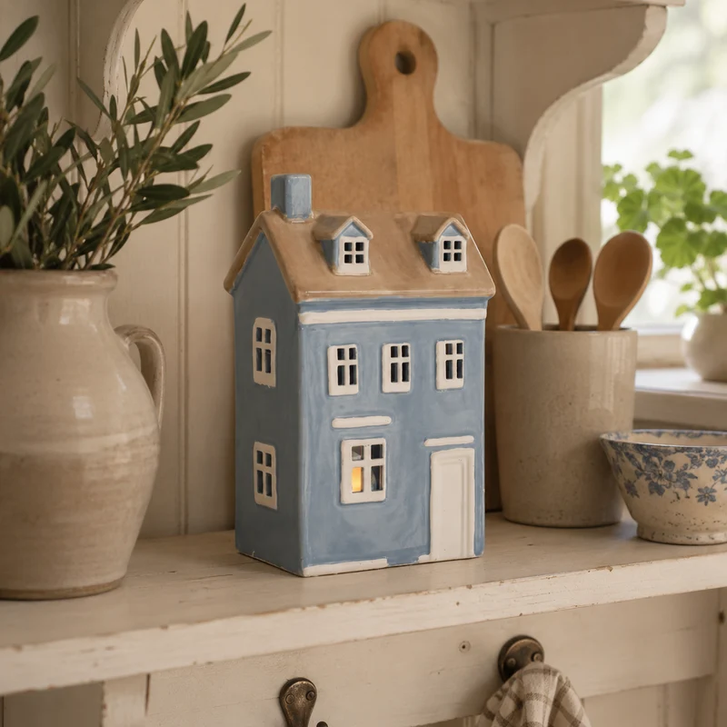 Ljuslykta Hus H25/L13/B9 cm himmelblå