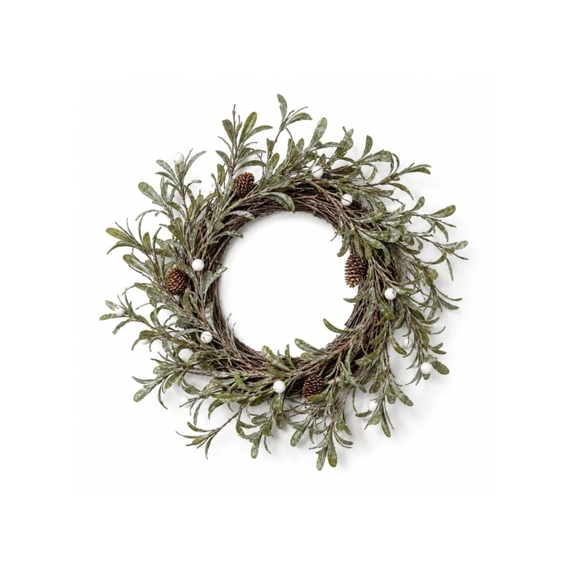 Krans med gröna blad och vita bär 45 cm