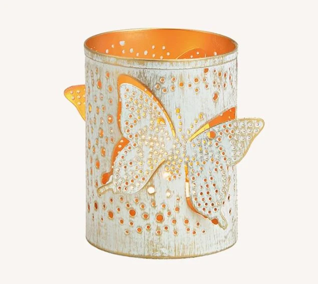 Ljusstake Värmeljushållare dekor fjäril av metall vit guld (B/H/D) 8x13x8cm REA