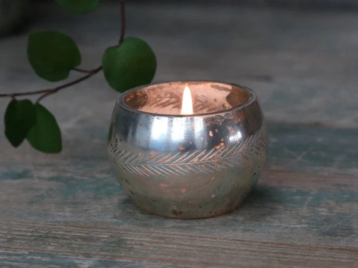 Ljusstake Värmeljushållare med bladslipning H4 / Ø6 cm antik silver REA