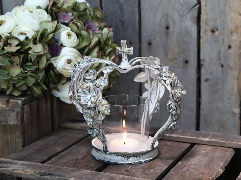 Ljusstake Krona med rosor H22 / Ø18 cm antik creme REA
