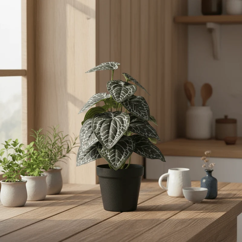 House Nordic konstgjord planta med mönstrade blad i svart pott 33 cm