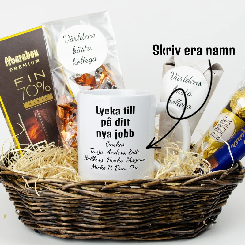 Present till kollega | Lycka till på ditt nya jobb, önskar | Presentkorg med egen text