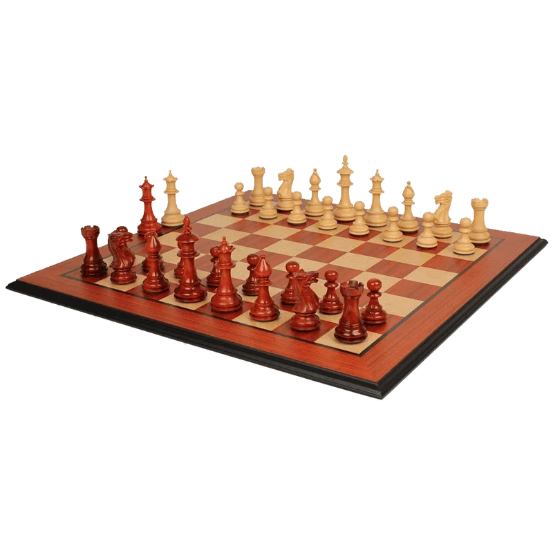The Chess Store Royal Staunton Wood Chess Set African Padauk & Boxwood Chess Pieces with Padauk & Bird's Eye Maple Molded Chess Board