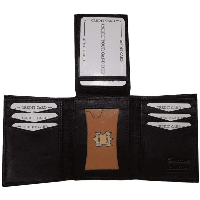 Improving Lifestyles Leather Men Tri Fold Wallet FIXED Flip Up Window ID with FREE Organza Gift Bag