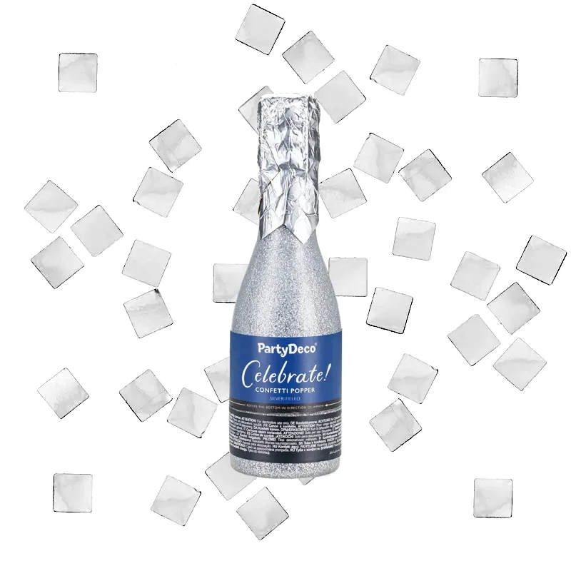 Konfettibomb, champagneflaska silver metallic 20,5 cm