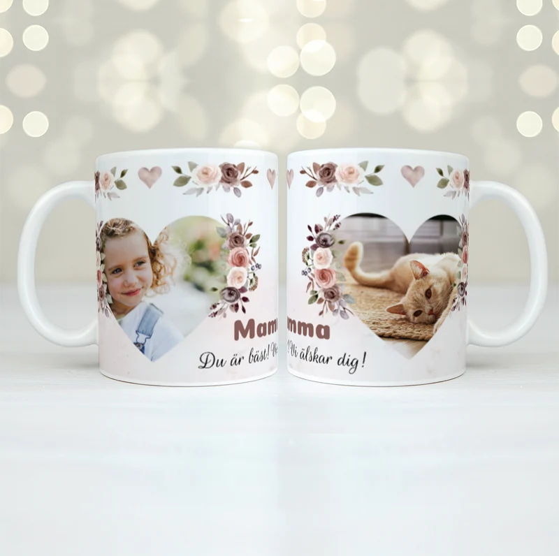 Två hjärtan & blommor | Brun | Personlig mugg