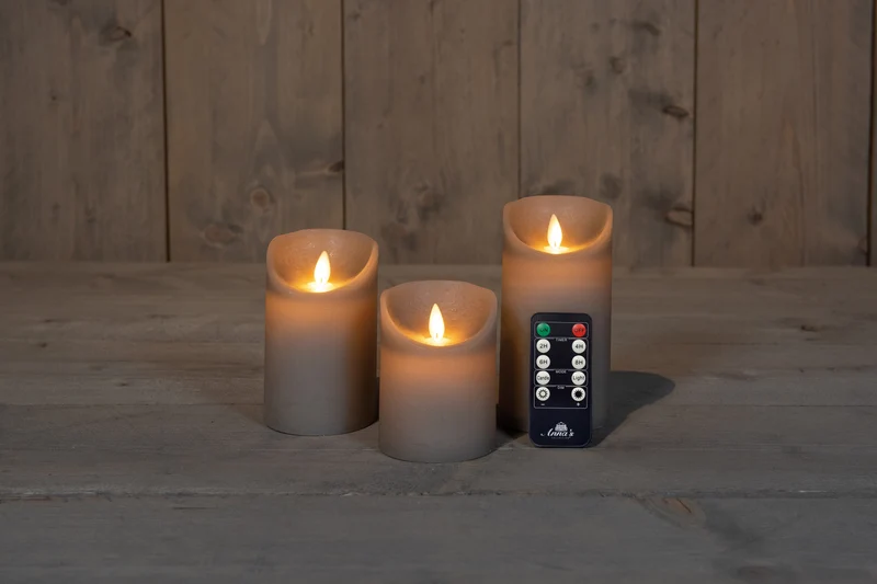 3 st LED flammaless vaxljus - Rustic Taupe - med fjärrkontroll