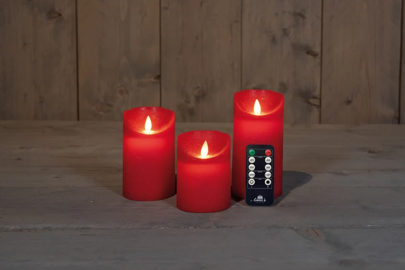 3 st LED flammaless vaxljus - Rustik Röd - med fjärrkontroll