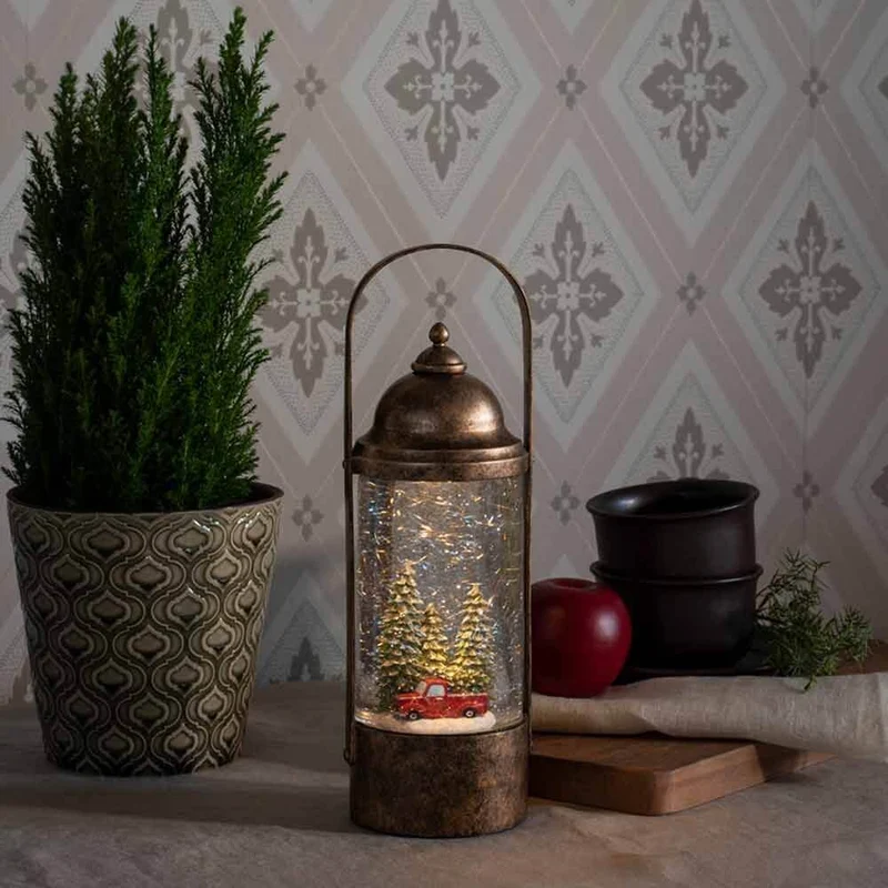 LED Wasserlaterne mit Weihnachtsbäumen und Auto mit 5h Timer Gold