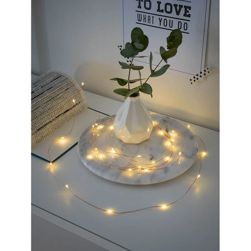 2m Micro LED Lichterkette Timer 20 Warmweiße Dioden batteriebetrieben kupferfarbener Draht