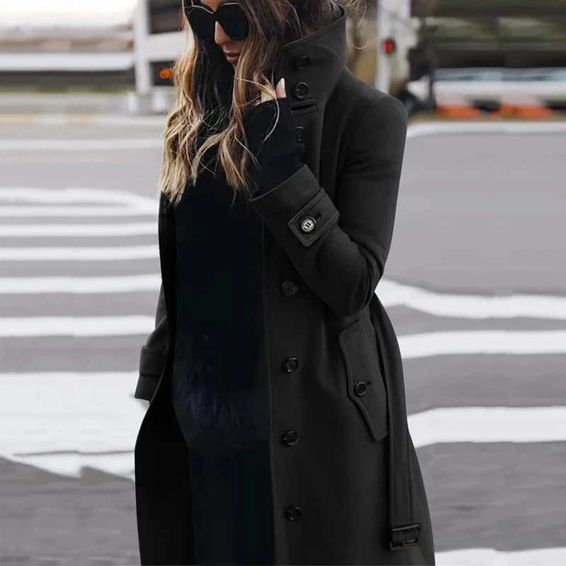 Icone™ StylishCoat: Mångsidig Mid-Längd Hög Hals Knäppt Stiligt Kappa