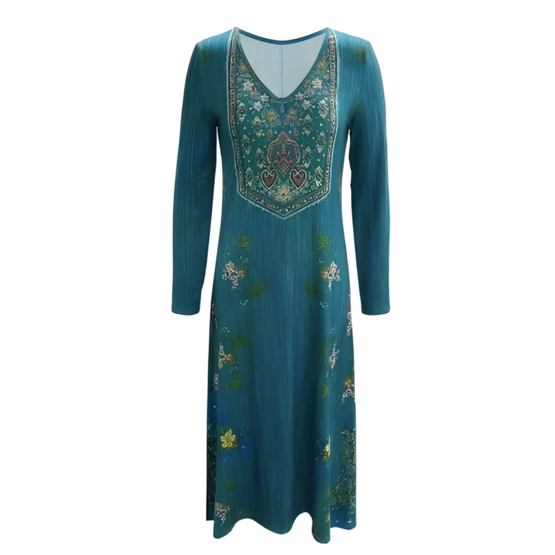 Icone™ VintageDress: Stilig Blommig Tryckt Avslappnad V-Ringad Långärmad Vintageklänning
