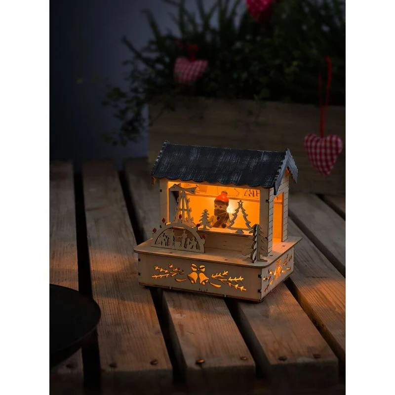 LED Holzsilhouette naturfarben Marktstand mit grauem Dach 3 Warmweiße Dioden batteriebetrieben