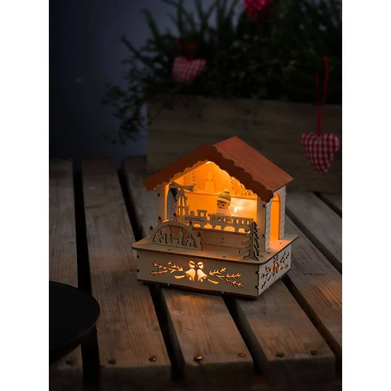 LED Holzsilhouette naturfarben Marktstand mit orangem Dach 3 Warmweiße Dioden batteriebetrieben
