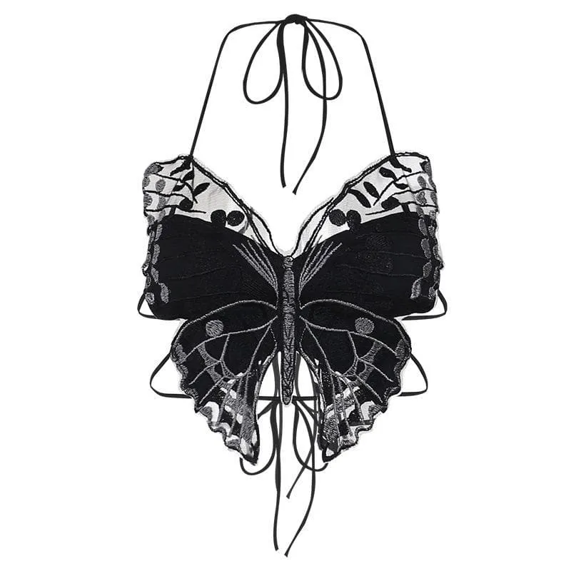 Icone™ ButterflyTop: Snygg Broderad Halter Rygglös Fjärils Topp