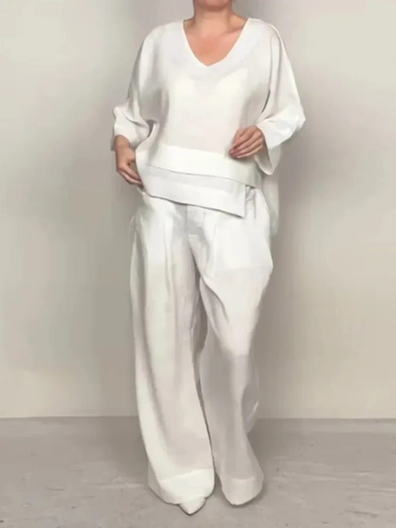 Icone™ ComfyWear: Snygg V-Ringad Vida-Ben Byxor Två-Delat Bekväm Bära Set