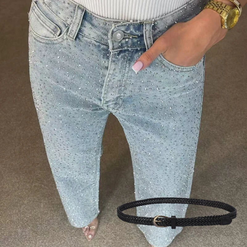 Icone™ SparklingJeans: Rhinestone-Utsmyckad Högmidjade Raka-Ben Glittrande Jeans Med Bälte