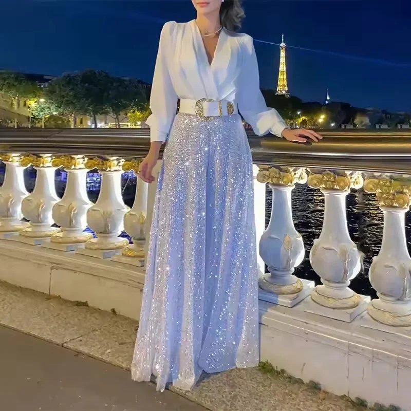 Icone™ ClassicJumpsuit - Elegant V-Ringad Långärmad Paljett Klassisk Jumpsuit
