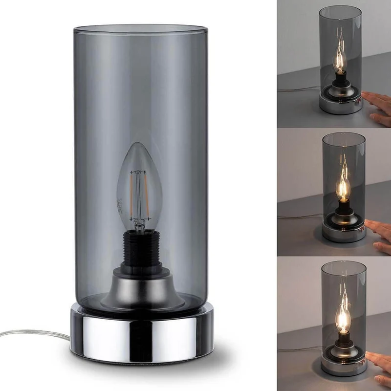 Tischleuchte Pinja mit Touch-Schalter Chrom, Rauchglas