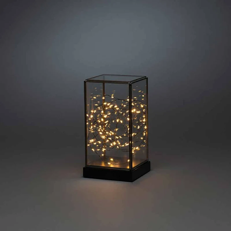 LED Glaslaterne mit schwarzem Holzfundament und 6h Timer Schwarz