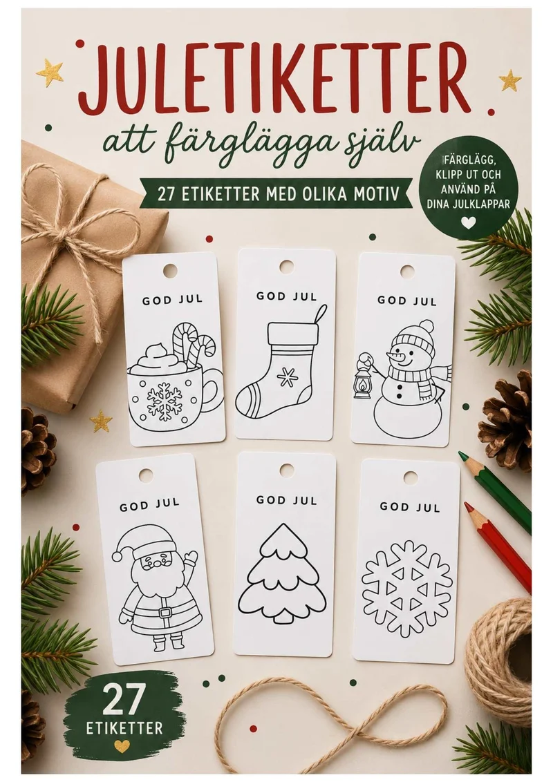 Juletiketter att färglägga – 27 olika motiv