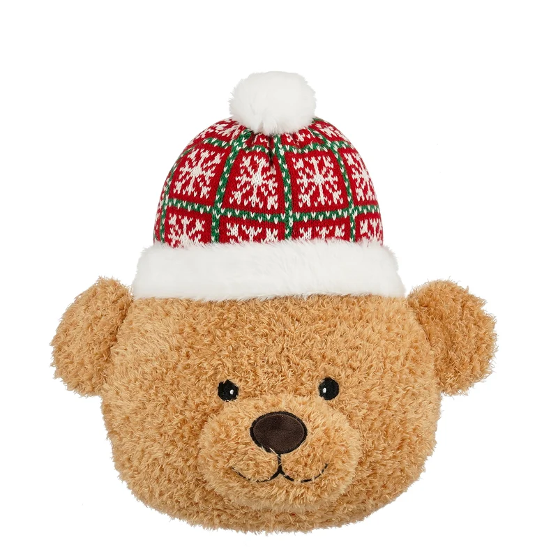 Prydnadskudde med nalle i stickad mössa