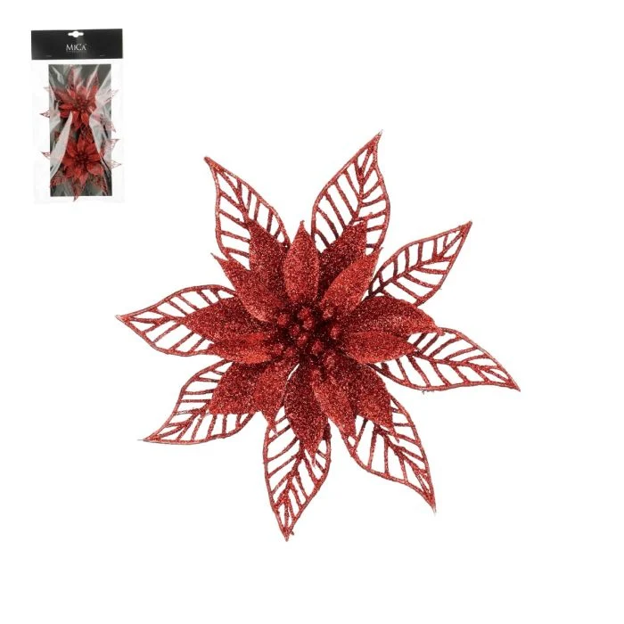Julstjärna med klämma rött glitter 2-pack