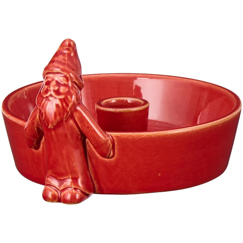 Röd ljusstake med jultomte på sidan för kronljus