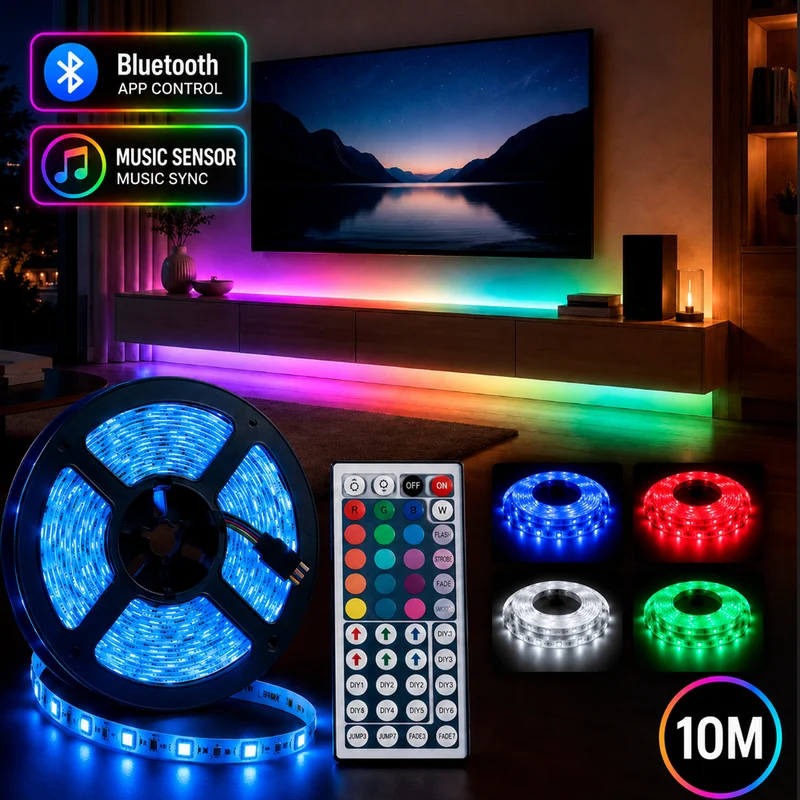 LED-ljuskedja 10 meter m/Bluetooth, musiksensor & fjärrkontroll