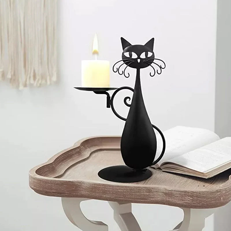 Svart Katt-Design Ljusstake i Metall för Heminredning