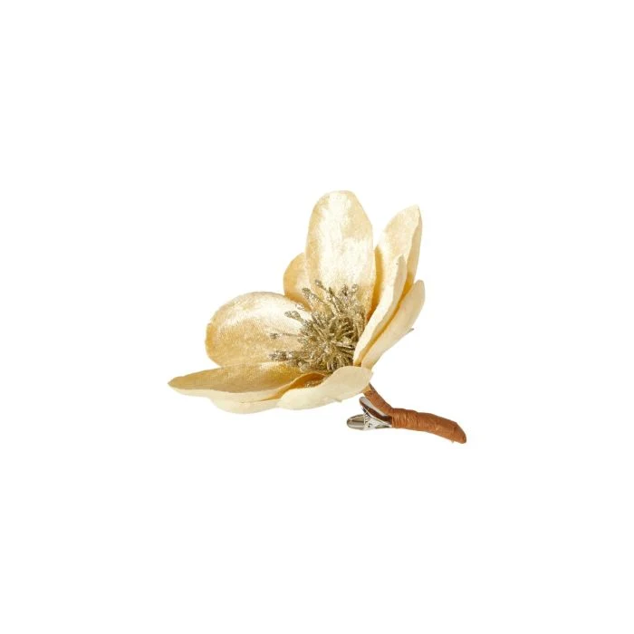 Blomhuvud med klämma magnolia benvit och guldfärgad