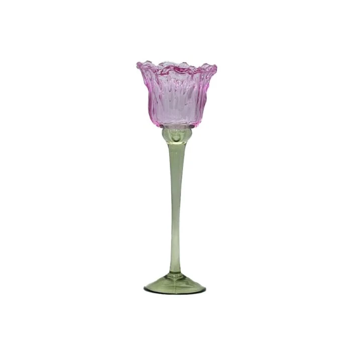 Ljusstake i glas tulpan rosa 26 cm hög