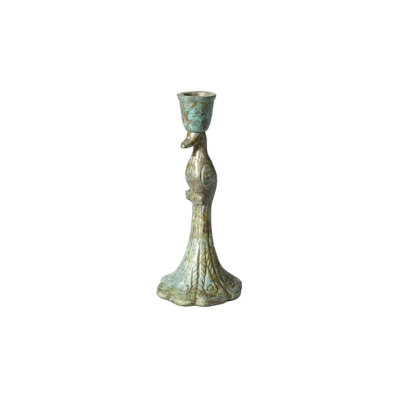 Ljusstake påfågel 18 cm hög antikgrön