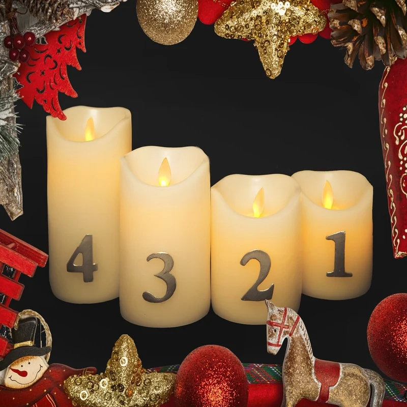 Adventsljus LED - 4 st. - 9/10/12,5/15 cm - m/3D låga