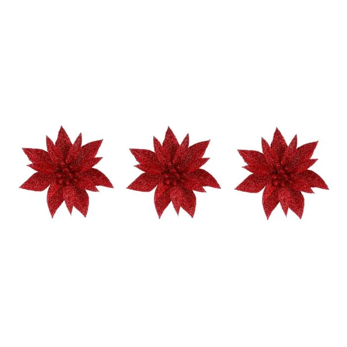 Julstjärnor med klämma och glitter 3-pack röd
