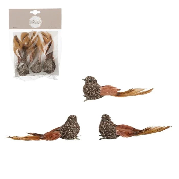 Fåglar med klämma 3-pack brun