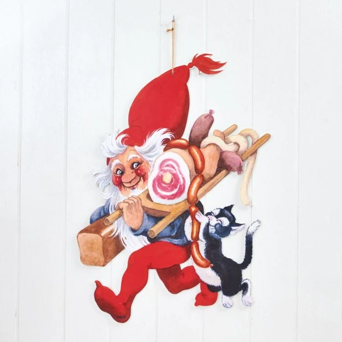 Tomte med julmat i trä