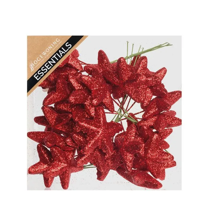 Glitterstjärnor på tråd röda 13 cm
