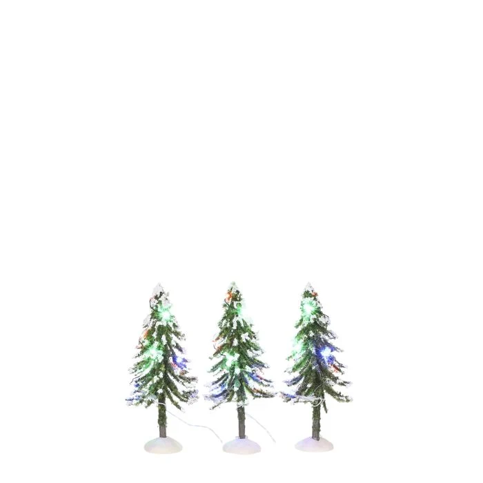 Snötäckta träd med flerfärgade lampor