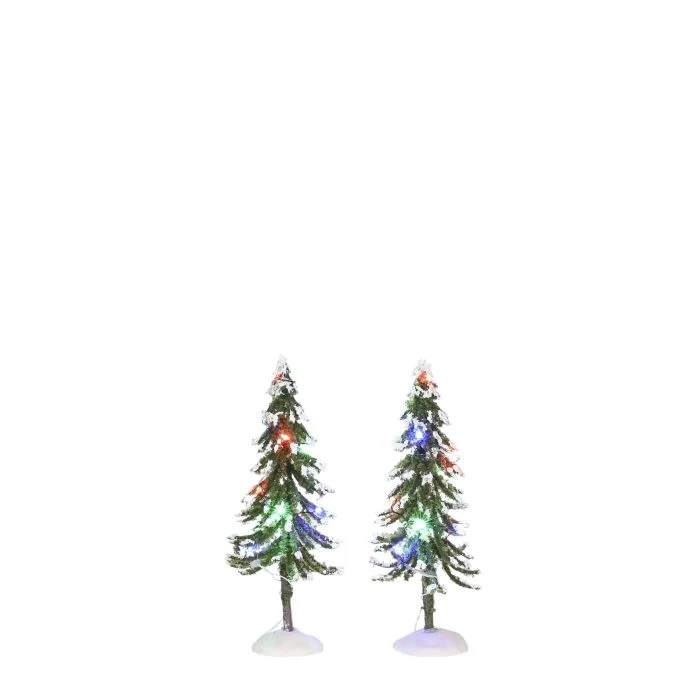 Snötäckta träd med flerfärgade lampor 2-pack