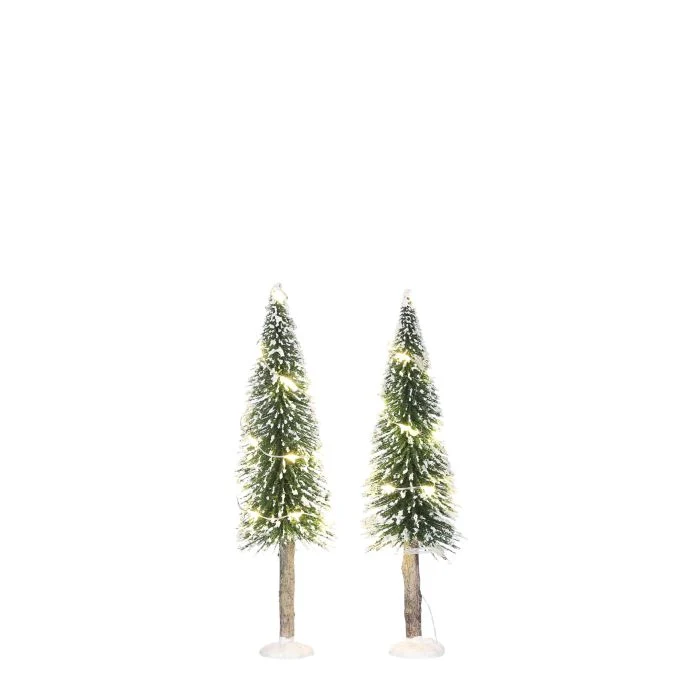 Snötäckta barrträd med varmvitt ljus 2-pack