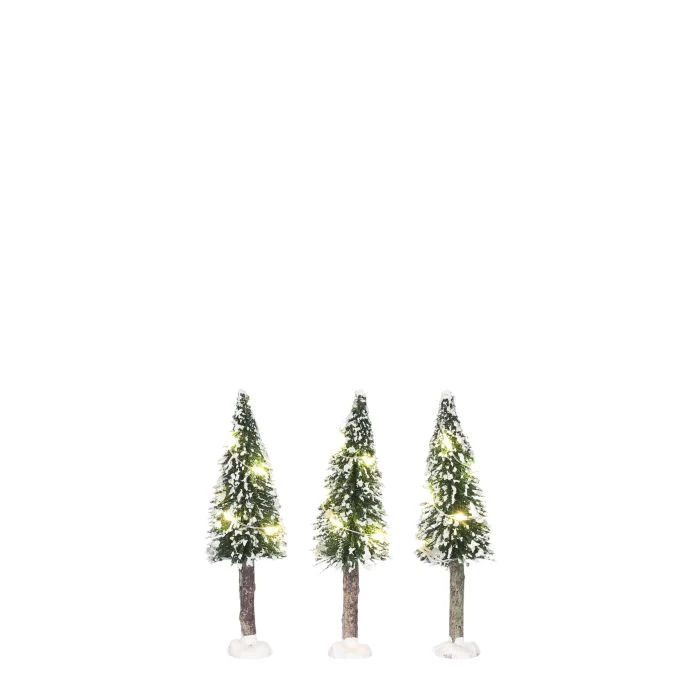 Snötäckta barrträd med varmvitt ljus 3-pack