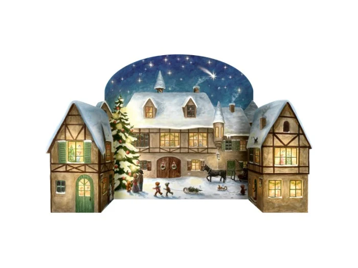 Adventskalender 3D snötäckt stad med korsvirkeshus