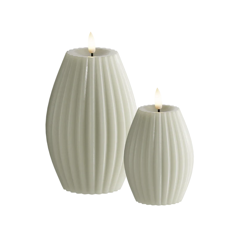 LED Ribbelkaarsen 2 stuks, Ø 7,5 x 10 + Ø 10 x 15 cm Saliegroen