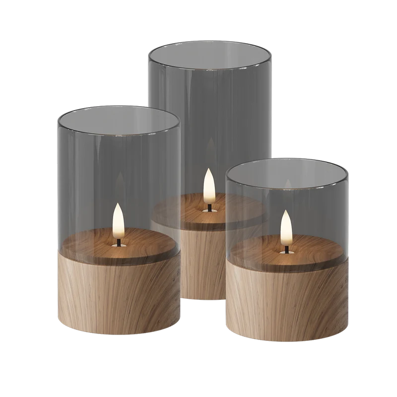 LED Glazen kaars, 3 stuks, Ø 8 x 10/12,5/15 cm Hout