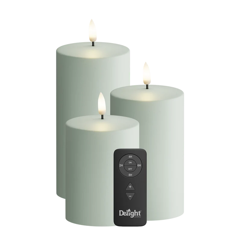 Udendørs LED Bloklys Pakke 3 stk, Ø 7,5 x 10/12,5/15 cm Salviegrøn