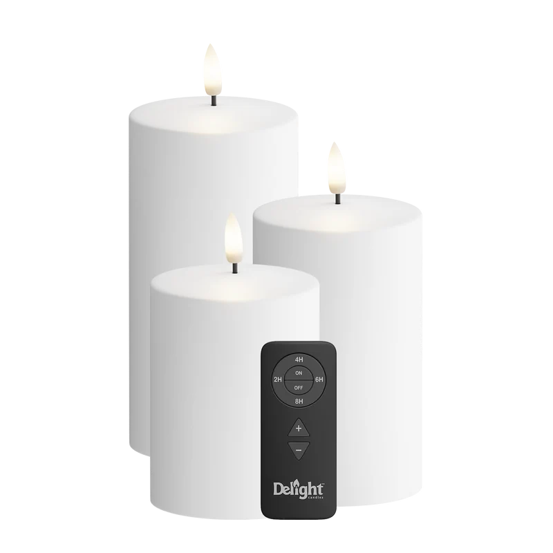 Udendørs LED Bloklys Pakke 3 stk, Ø 7,5 x 10/12,5/15 cm Hvid