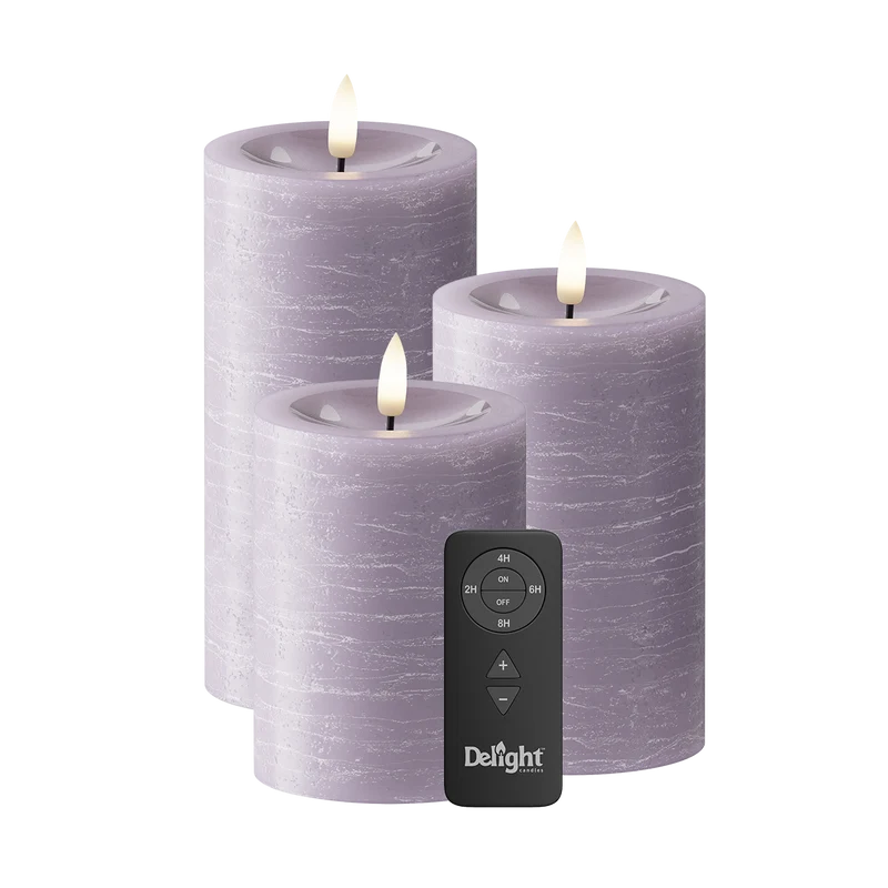 LED Bloklys Pakke 3 stk, Ø 7,5 x 10/12,5/15 cm Lavendel