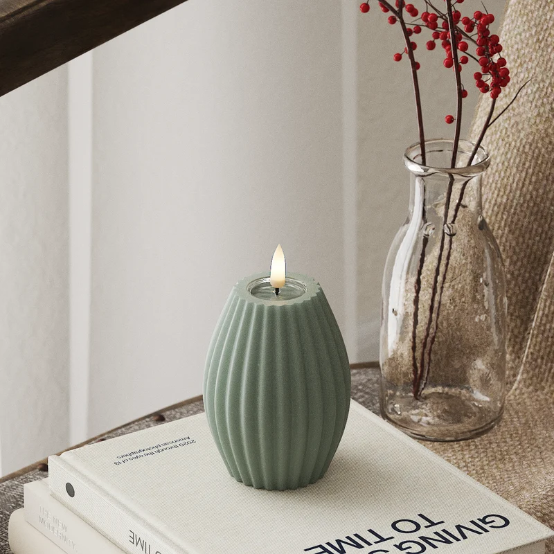 LED Ribbelkaarsen D 7,5 x H 10 cm Saliegroen